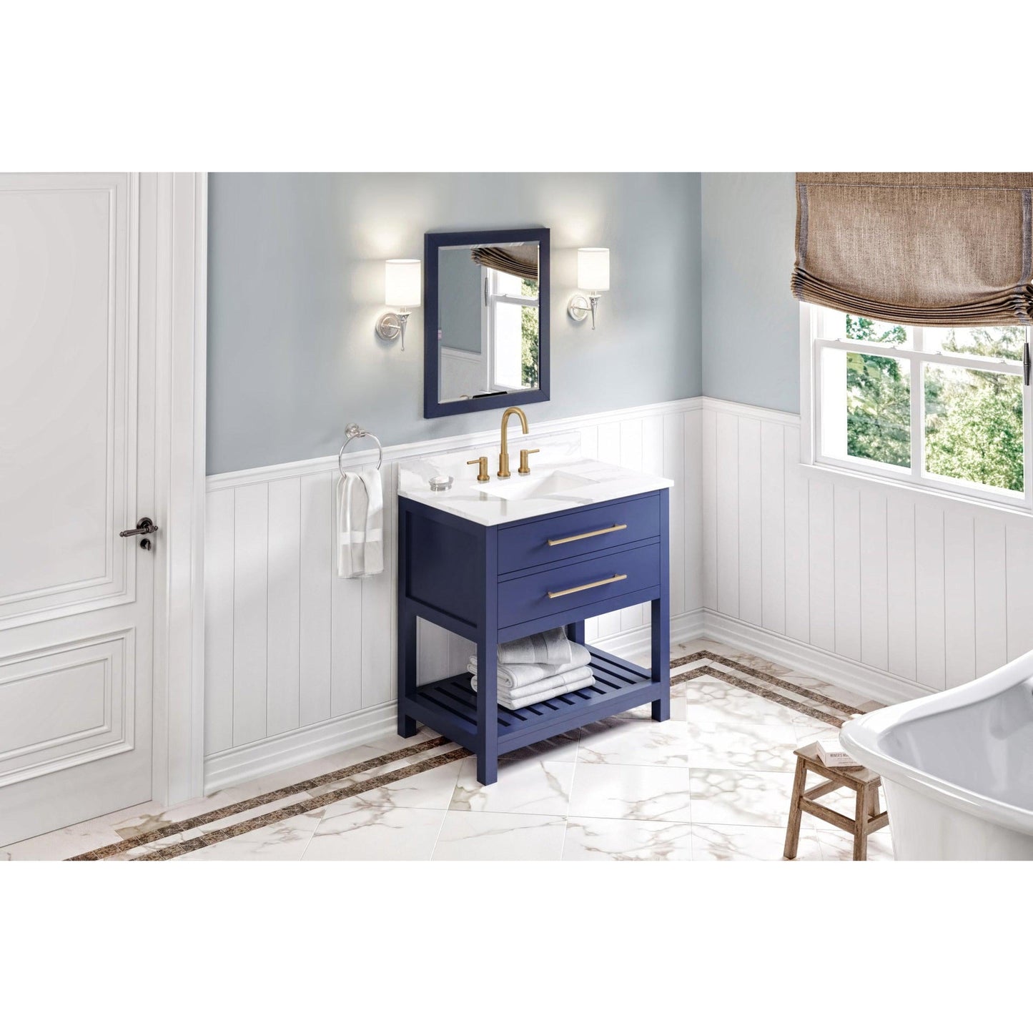 Hardware Resources Jeffrey Alexander Wavecrest 36" Hale Blue Freestanding Vanity With Calacatta Vienna Quartz Vanity Top, Backsplash and Rectangle Undermount Sink