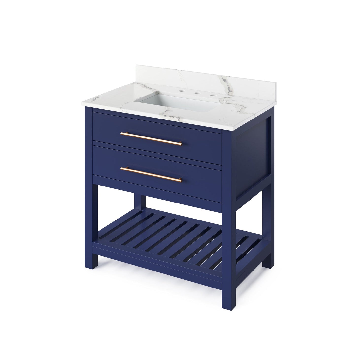 Hardware Resources Jeffrey Alexander Wavecrest 36" Hale Blue Freestanding Vanity With Calacatta Vienna Quartz Vanity Top, Backsplash and Rectangle Undermount Sink