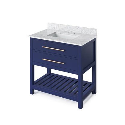 Hardware Resources Jeffrey Alexander Wavecrest 36" Hale Blue Freestanding Vanity With White Carrara Marble Vanity Top, Backsplash and Rectangle Undermount Sink