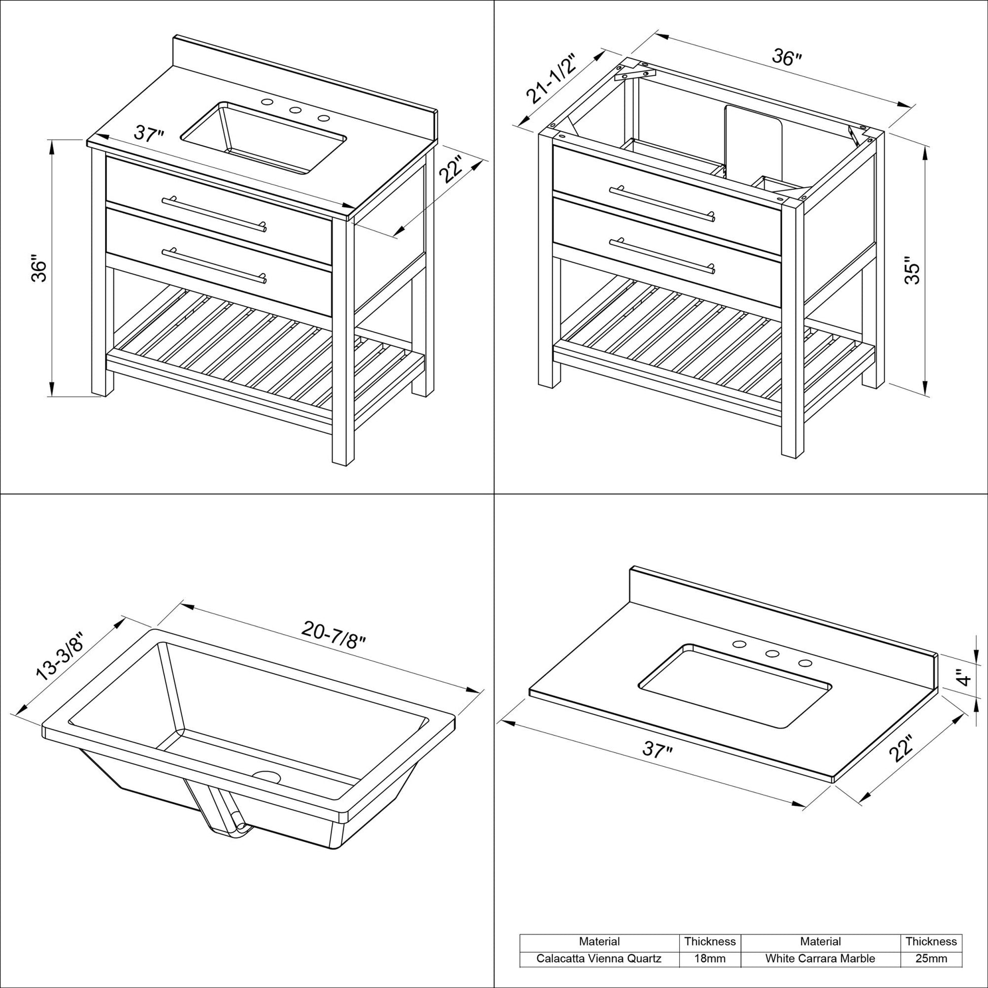 Hardware Resources Jeffrey Alexander Wavecrest 36" Weathered Grey Freestanding Vanity With Calacatta Vienna Quartz Vanity Top, Backsplash and Rectangle Undermount Sink