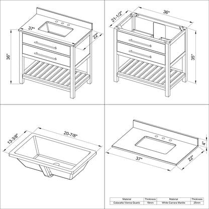 Hardware Resources Jeffrey Alexander Wavecrest 36" Weathered Grey Freestanding Vanity With Calacatta Vienna Quartz Vanity Top, Backsplash and Rectangle Undermount Sink