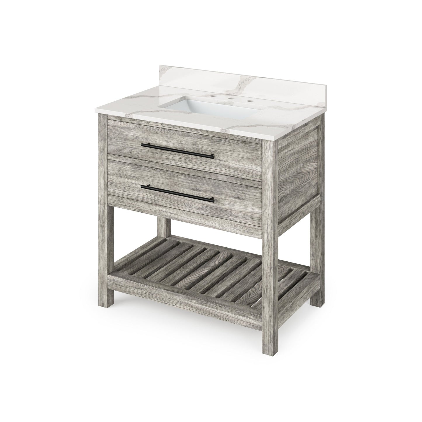 Hardware Resources Jeffrey Alexander Wavecrest 36" Weathered Grey Freestanding Vanity With Calacatta Vienna Quartz Vanity Top, Backsplash and Rectangle Undermount Sink