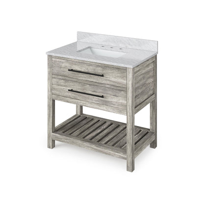 Hardware Resources Jeffrey Alexander Wavecrest 36" Weathered Grey Freestanding Vanity With White Carrara Marble Vanity Top, Backsplash and Rectangle Undermount Sink