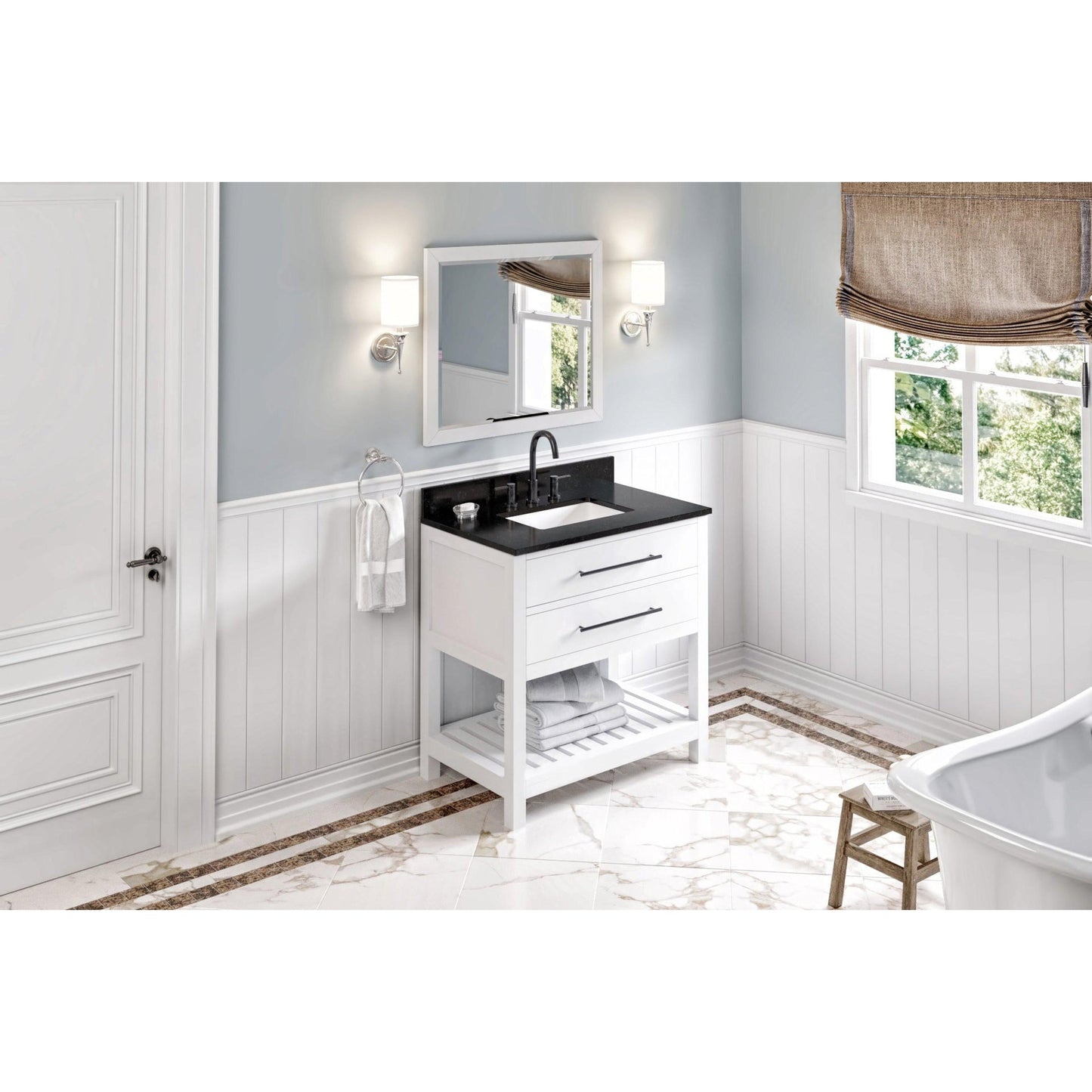 Hardware Resources Jeffrey Alexander Wavecrest 36" White Freestanding Vanity With Black Granite Vanity Top, Backsplash and Rectangle Undermount Sink