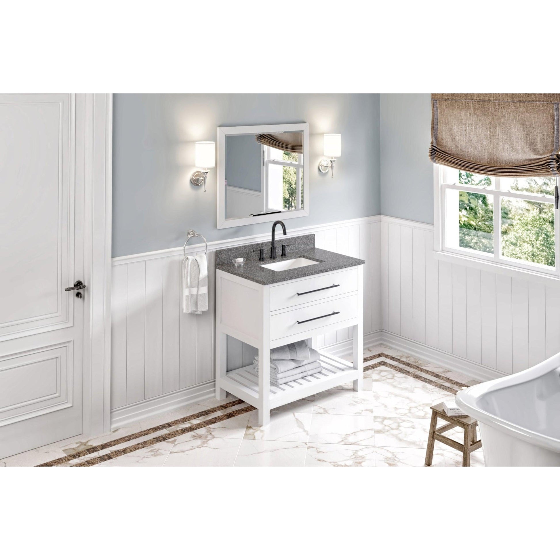 Hardware Resources Jeffrey Alexander Wavecrest 36" White Freestanding Vanity With Boulder Cultured Marble Vanity Top, Backsplash and Rectangle Undermount Sink