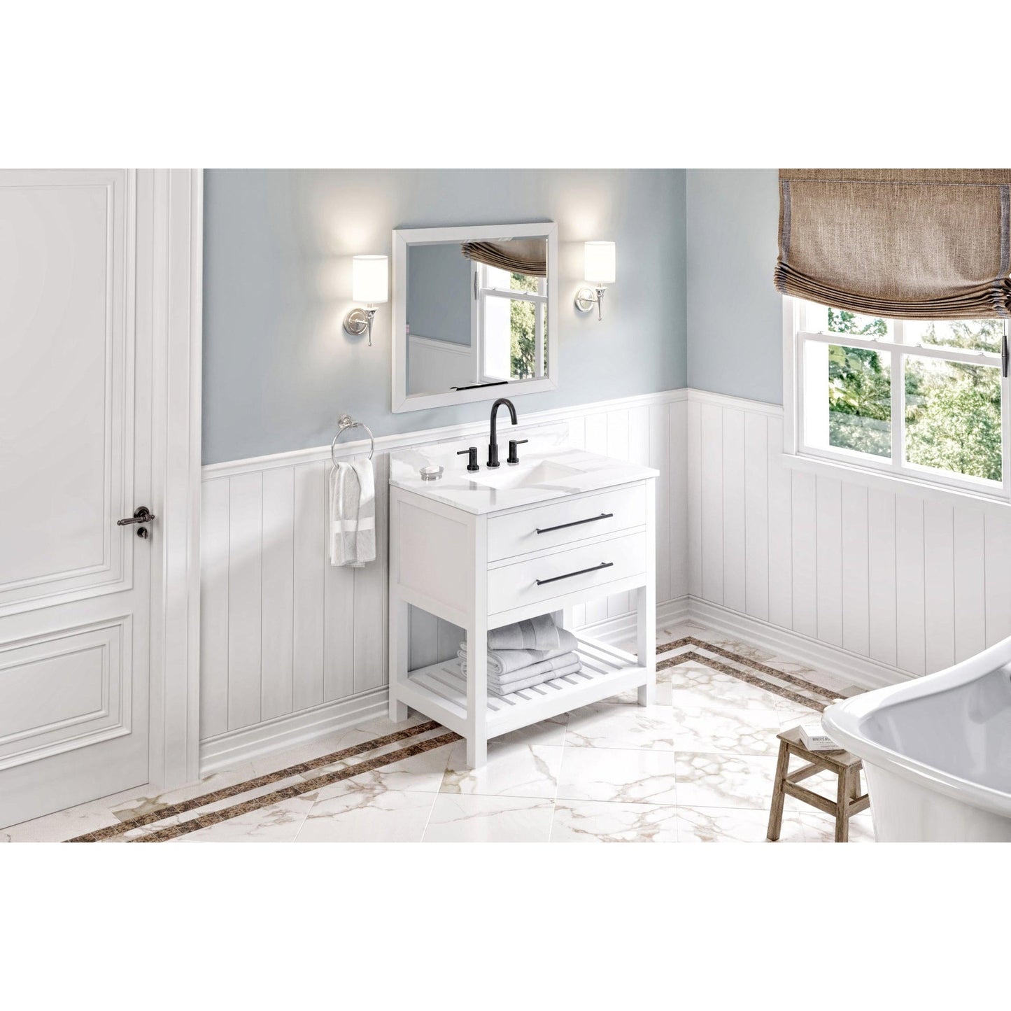 Hardware Resources Jeffrey Alexander Wavecrest 36" White Freestanding Vanity With Calacatta Vienna Quartz Vanity Top, Backsplash and Rectangle Undermount Sink