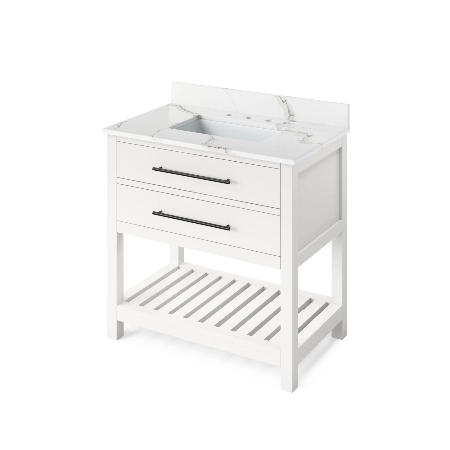 Hardware Resources Jeffrey Alexander Wavecrest 36" White Freestanding Vanity With Calacatta Vienna Quartz Vanity Top, Backsplash and Rectangle Undermount Sink