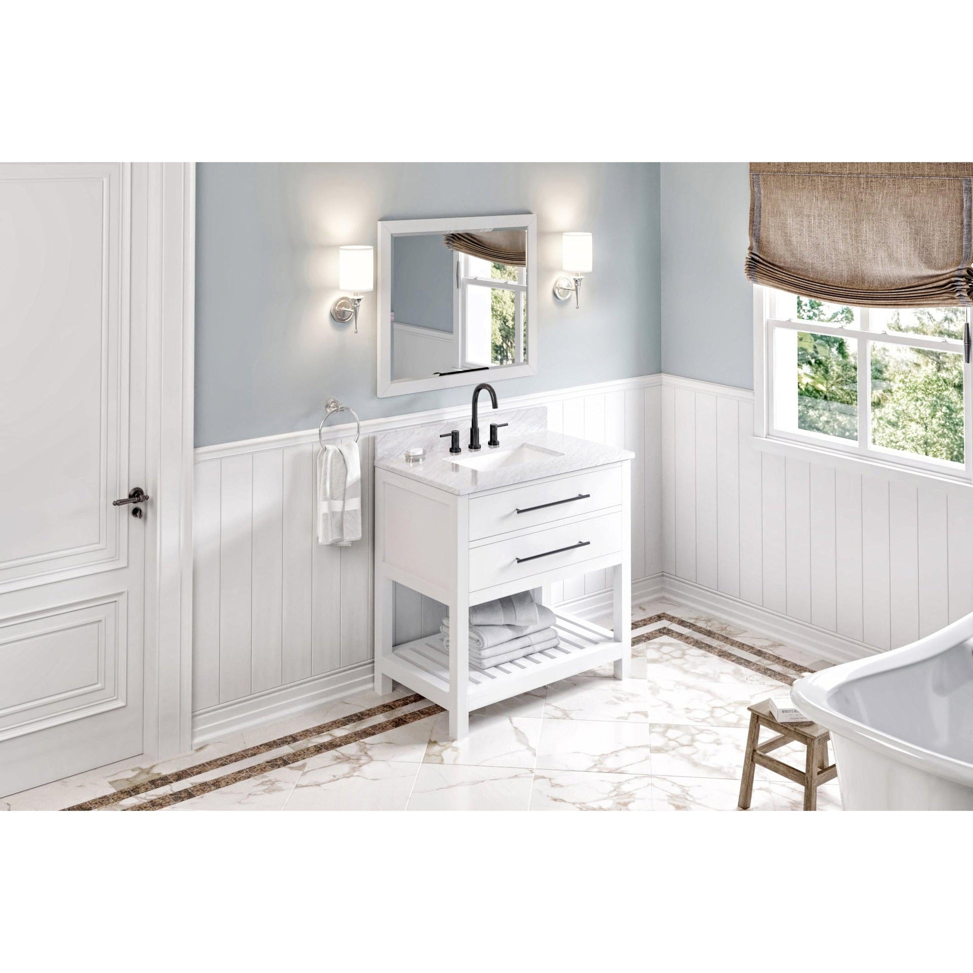 Hardware Resources Jeffrey Alexander Wavecrest 36" White Freestanding Vanity With White Carrara Marble Vanity Top, Backsplash and Rectangle Undermount Sink