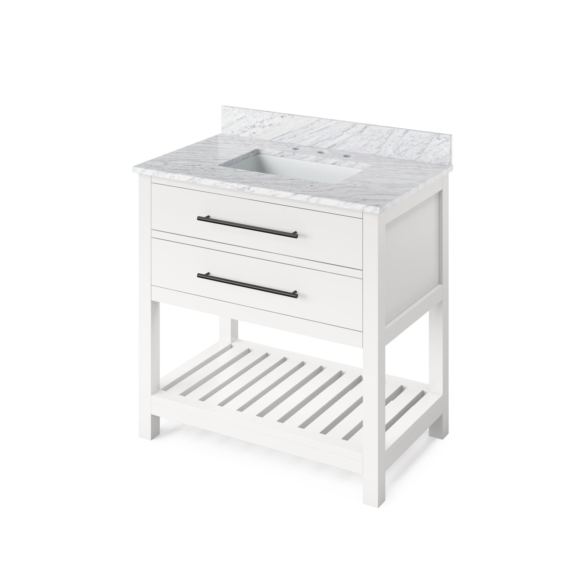 Hardware Resources Jeffrey Alexander Wavecrest 36" White Freestanding Vanity With White Carrara Marble Vanity Top, Backsplash and Rectangle Undermount Sink