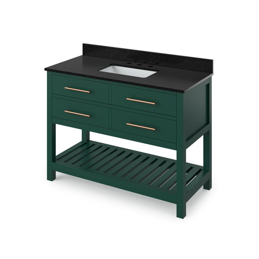 Hardware Resources Jeffrey Alexander Wavecrest 48" Forest Green Freestanding Vanity With Black Granite Vanity Top, Backsplash and Rectangle Undermount Sink