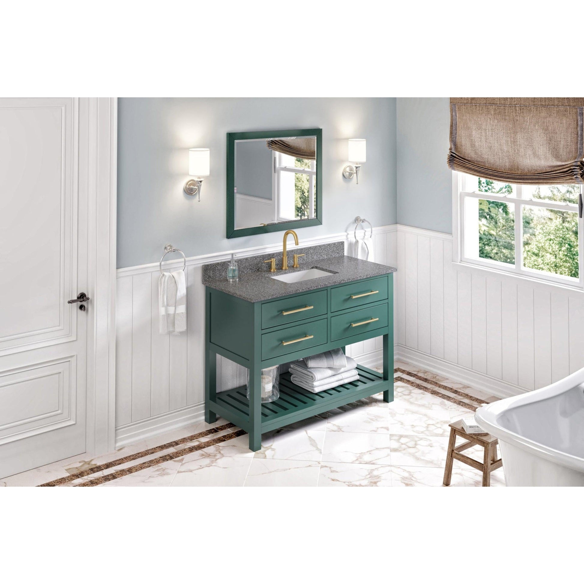 Hardware Resources Jeffrey Alexander Wavecrest 48" Forest Green Freestanding Vanity With Boulder Cultured Marble Vanity Top, Backsplash and Rectangle Undermount Sink