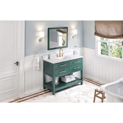 Hardware Resources Jeffrey Alexander Wavecrest 48" Forest Green Freestanding Vanity With Calacatta Vienna Quartz Vanity Top, Backsplash and Rectangle Undermount Sink