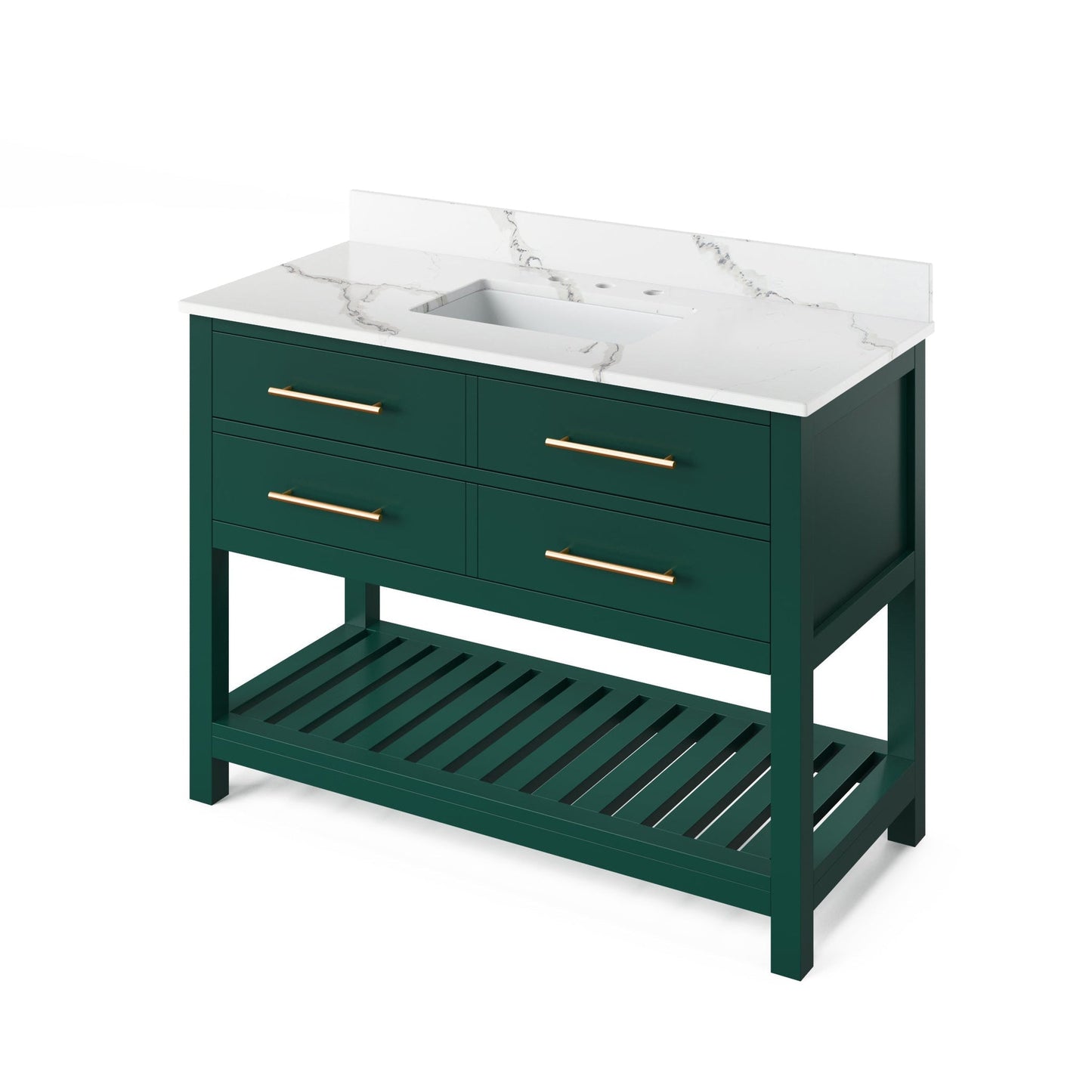 Hardware Resources Jeffrey Alexander Wavecrest 48" Forest Green Freestanding Vanity With Calacatta Vienna Quartz Vanity Top, Backsplash and Rectangle Undermount Sink