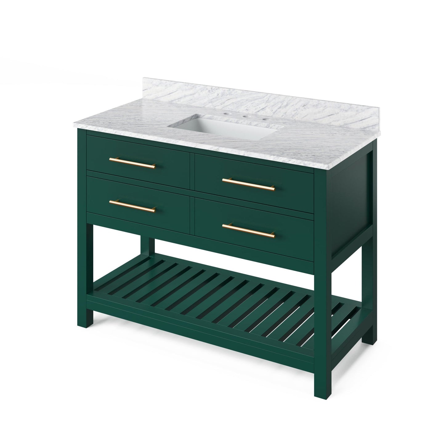 Hardware Resources Jeffrey Alexander Wavecrest 48" Forest Green Freestanding Vanity With White Carrara Marble Vanity Top, Backsplash and Rectangle Undermount Sink