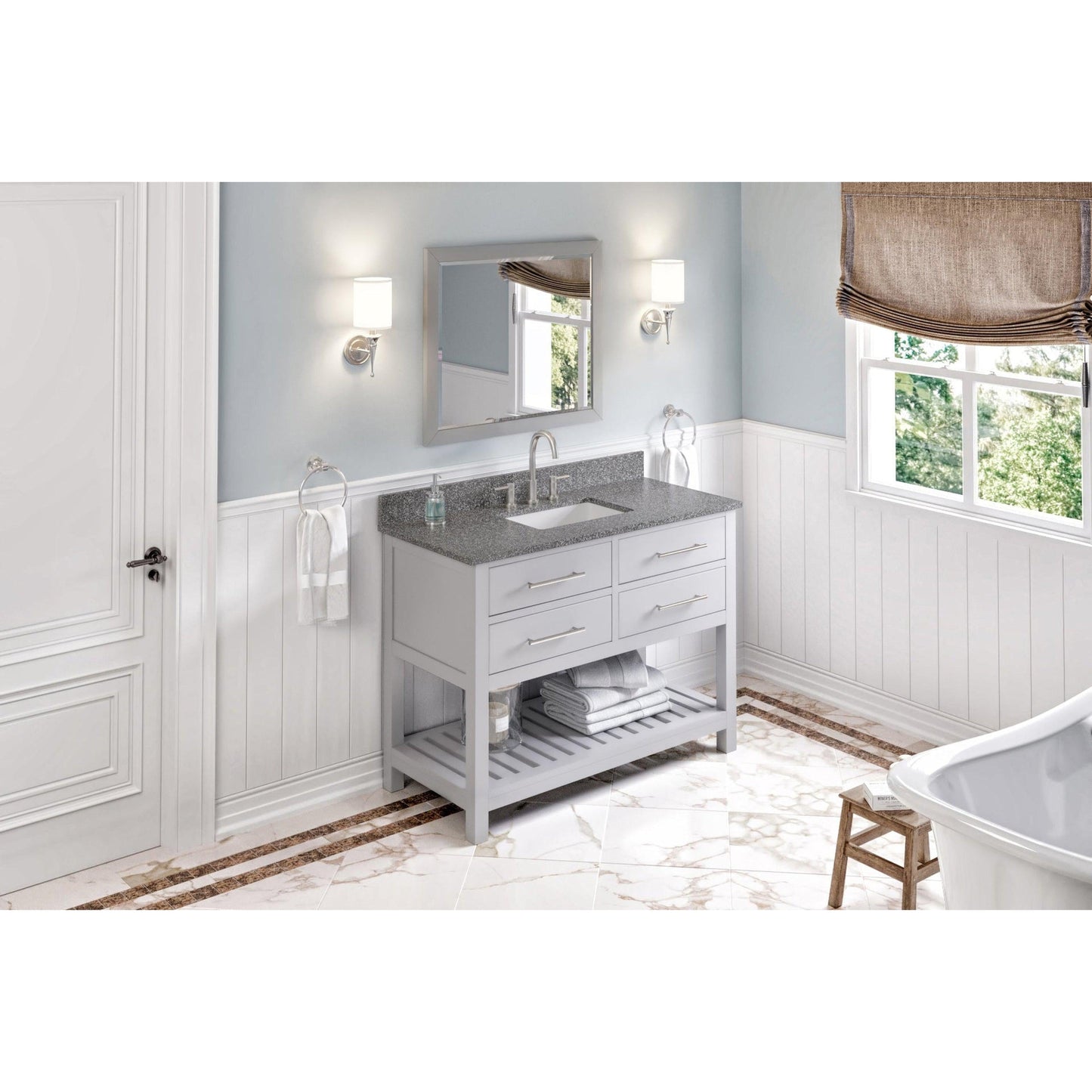 Hardware Resources Jeffrey Alexander Wavecrest 48" Gray Freestanding Vanity With Boulder Cultured Marble Vanity Top, Backsplash and Rectangle Undermount Sink