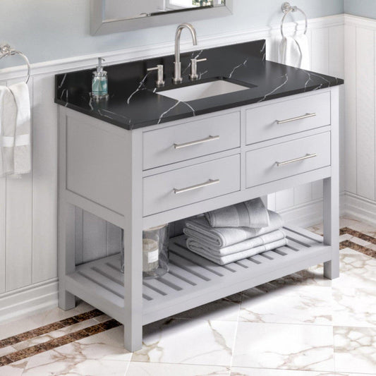 Hardware Resources Jeffrey Alexander Wavecrest 48" Gray Freestanding Vanity With Calacatta Black Quartz Vanity Top, Backsplash and Rectangle Undermount Sink