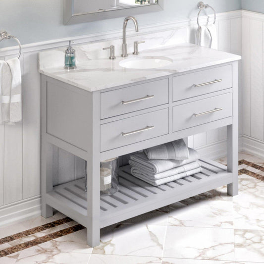 Hardware Resources Jeffrey Alexander Wavecrest 48" Gray Freestanding Vanity With Calacatta Vienna Quartz Vanity Top, Backsplash and Oval Undermount Sink
