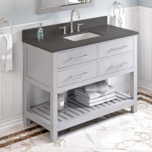 Hardware Resources Jeffrey Alexander Wavecrest 48" Gray Freestanding Vanity With Gray Quartz Vanity Top, Backsplash and Rectangle Undermount Sink