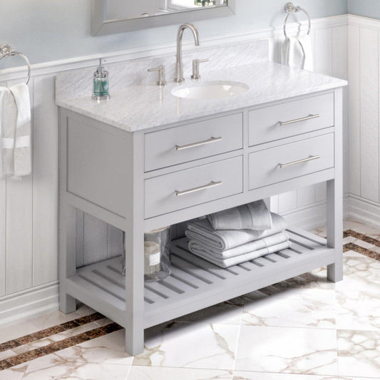 Hardware Resources Jeffrey Alexander Wavecrest 48" Gray Freestanding Vanity With White Carrara Marble Vanity Top, Backsplash and Oval Undermount Sink