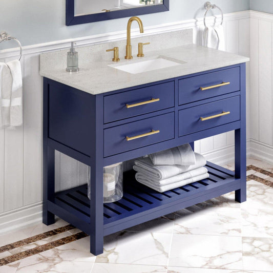Hardware Resources Jeffrey Alexander Wavecrest 48" Hale Blue Freestanding Vanity With Arctic Stone Cultured Marble Vanity Top, Backsplash and Rectangle Undermount Sink