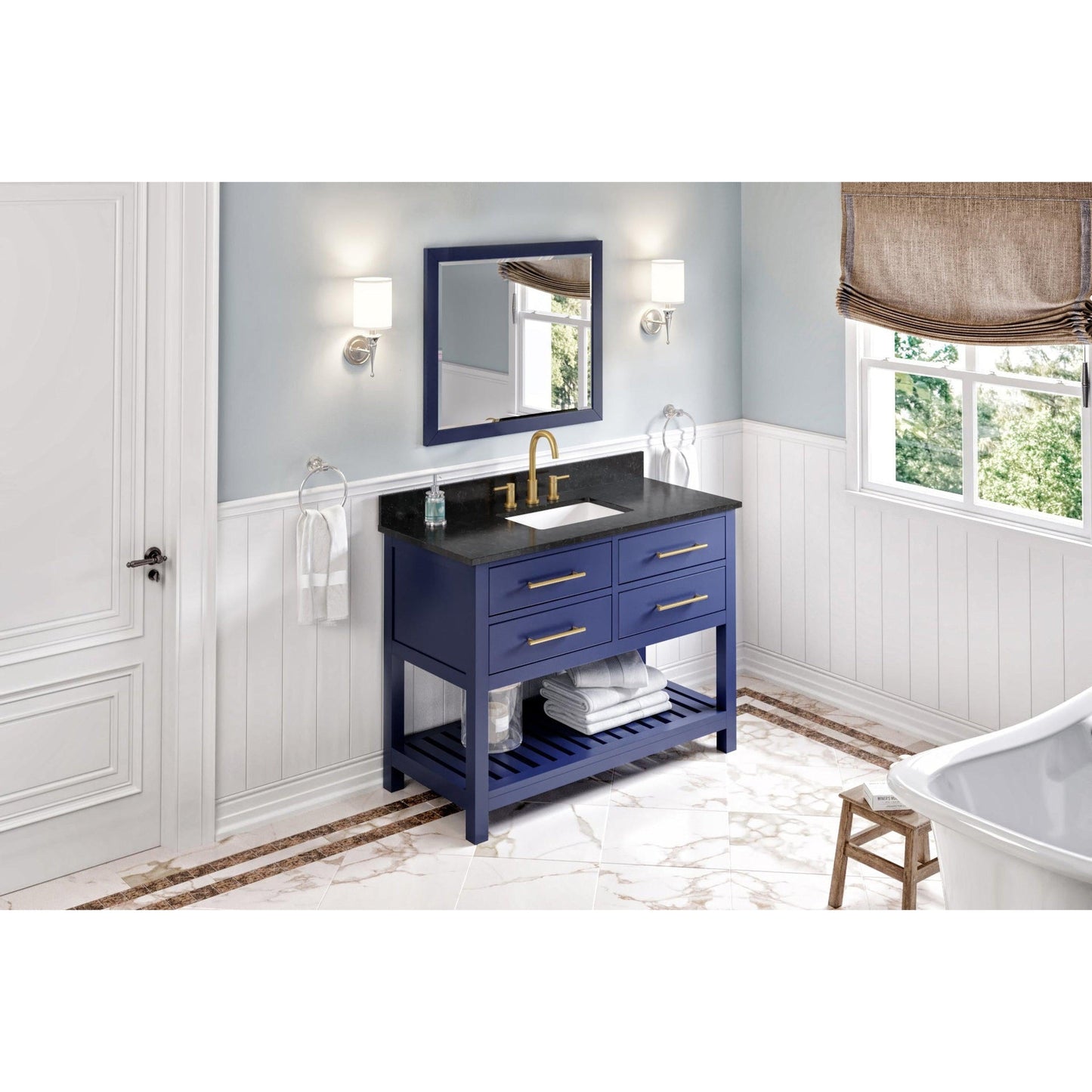 Hardware Resources Jeffrey Alexander Wavecrest 48" Hale Blue Freestanding Vanity With Black Granite Vanity Top, Backsplash and Rectangle Undermount Sink