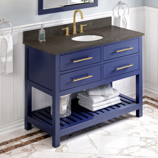 Hardware Resources Jeffrey Alexander Wavecrest 48" Hale Blue Freestanding Vanity With Blue Limestone Vanity Top, Backsplash and Oval Undermount Sink