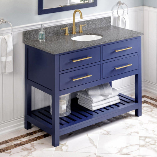 Hardware Resources Jeffrey Alexander Wavecrest 48" Hale Blue Freestanding Vanity With Boulder Cultured Marble Vanity Top, Backsplash and Oval Undermount Sink