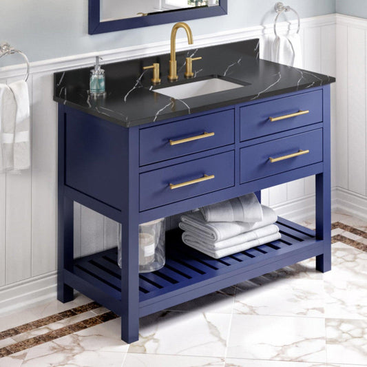 Hardware Resources Jeffrey Alexander Wavecrest 48" Hale Blue Freestanding Vanity With Calacatta Black Quartz Vanity Top, Backsplash and Rectangle Undermount Sink