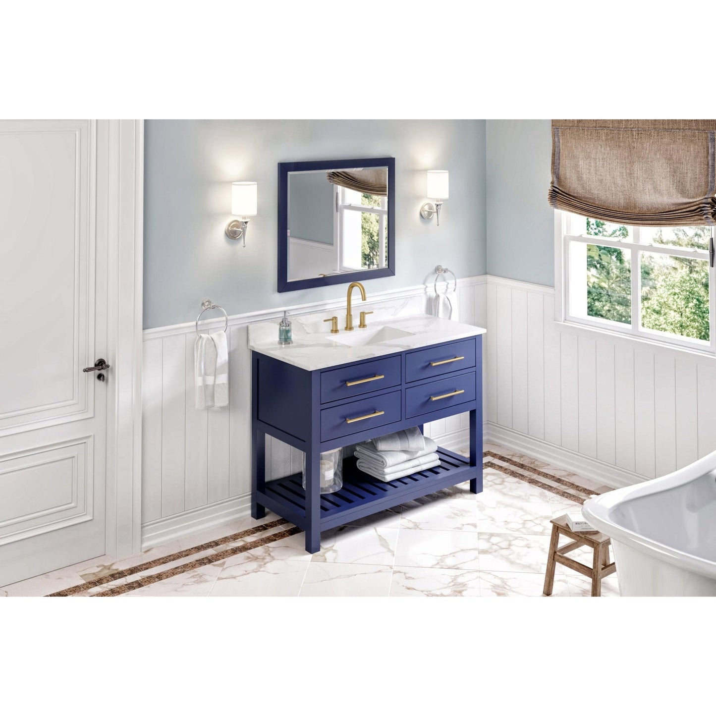 Hardware Resources Jeffrey Alexander Wavecrest 48" Hale Blue Freestanding Vanity With Calacatta Vienna Quartz Vanity Top, Backsplash and Rectangle Undermount Sink