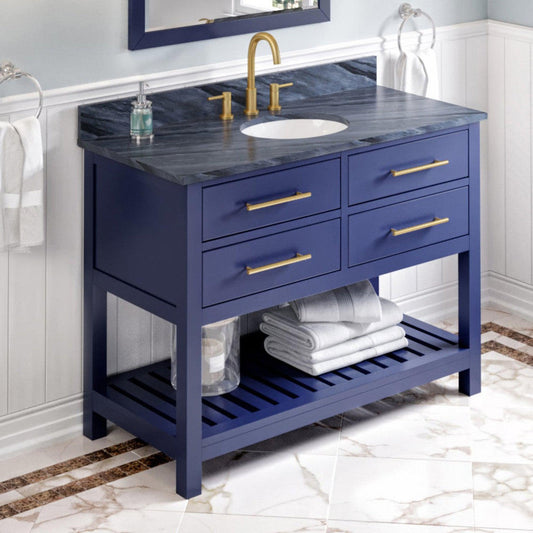Hardware Resources Jeffrey Alexander Wavecrest 48" Hale Blue Freestanding Vanity With Gray Marble Vanity Top, Backsplash and Oval Undermount Sink