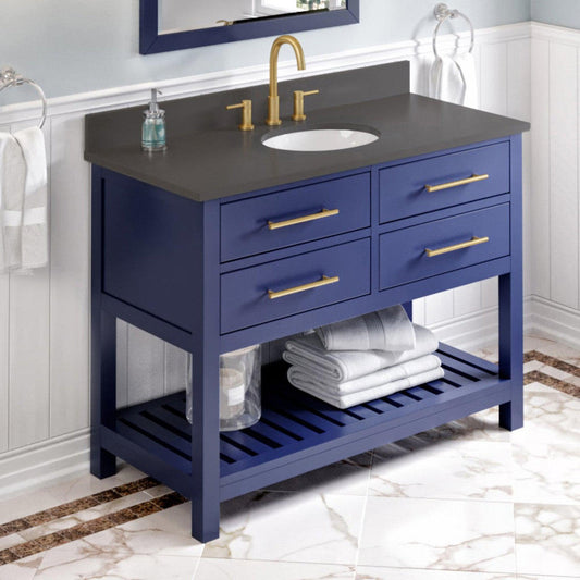 Hardware Resources Jeffrey Alexander Wavecrest 48" Hale Blue Freestanding Vanity With Gray Quartz Vanity Top, Backsplash and Oval Undermount Sink
