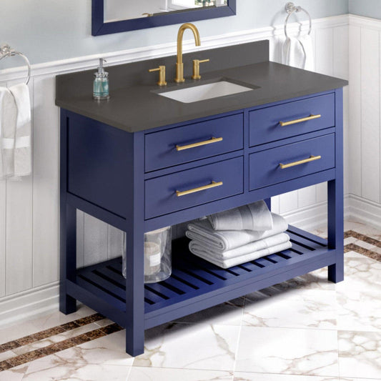 Hardware Resources Jeffrey Alexander Wavecrest 48" Hale Blue Freestanding Vanity With Gray Quartz Vanity Top, Backsplash and Rectangle Undermount Sink