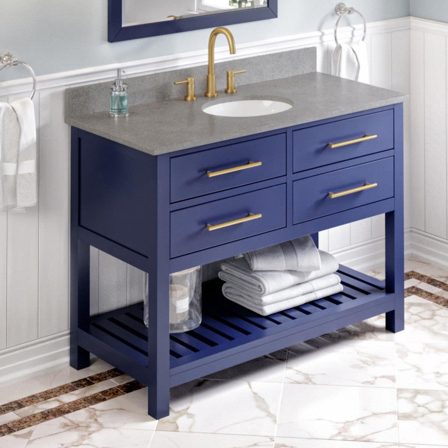 Hardware Resources Jeffrey Alexander Wavecrest 48" Hale Blue Freestanding Vanity With Steel Gray Cultured Marble Vanity Top, Backsplash and Oval Undermount Sink