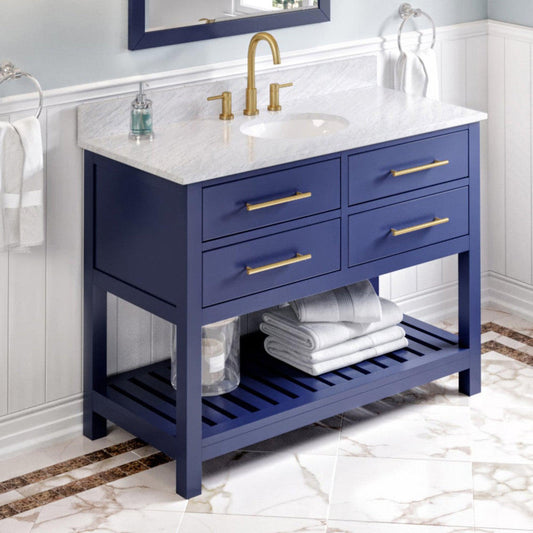Hardware Resources Jeffrey Alexander Wavecrest 48" Hale Blue Freestanding Vanity With White Carrara Marble Vanity Top, Backsplash and Oval Undermount Sink