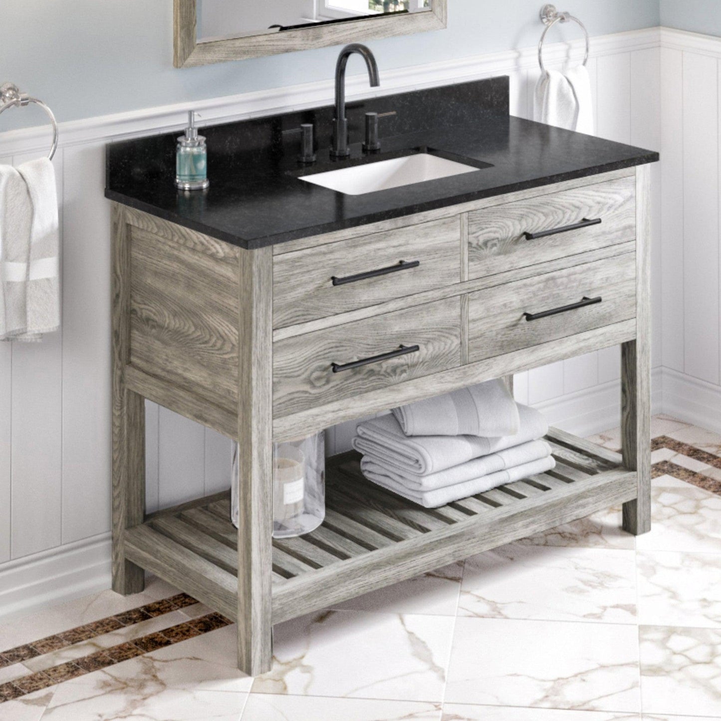 Hardware Resources Jeffrey Alexander Wavecrest 48" Weathered Grey Freestanding Vanity With Black Granite Vanity Top, Backsplash and Rectangle Undermount Sink