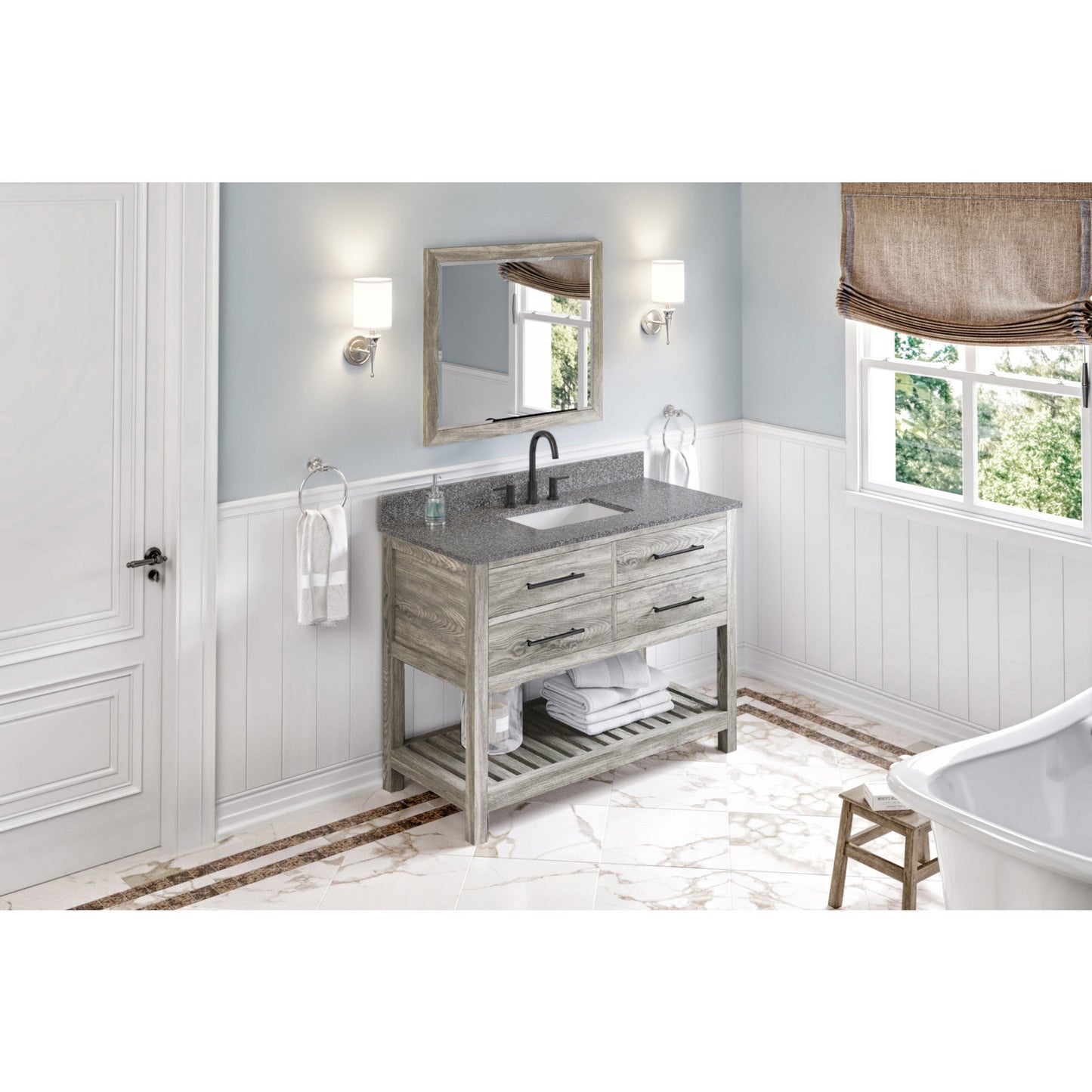 Hardware Resources Jeffrey Alexander Wavecrest 48" Weathered Grey Freestanding Vanity With Boulder Cultured Marble Vanity Top, Backsplash and Rectangle Undermount Sink