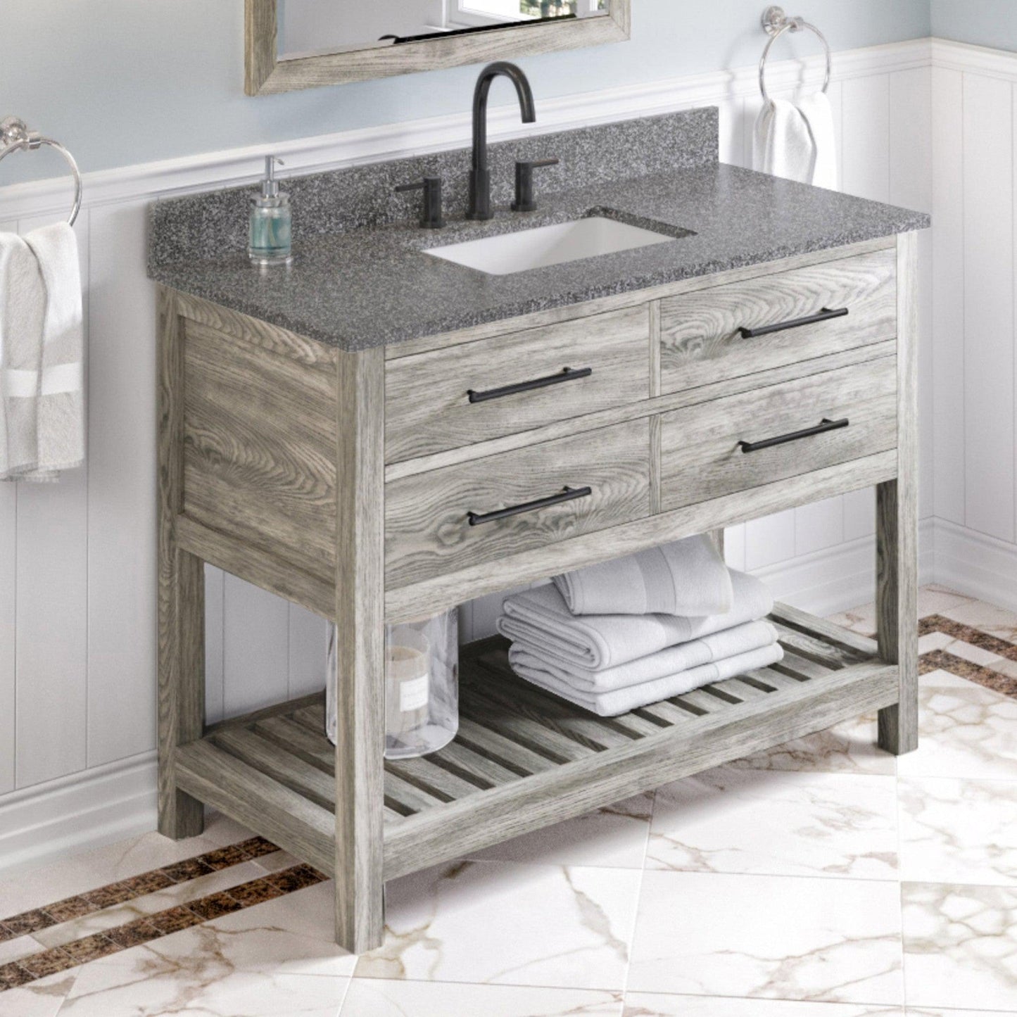 Hardware Resources Jeffrey Alexander Wavecrest 48" Weathered Grey Freestanding Vanity With Boulder Cultured Marble Vanity Top, Backsplash and Rectangle Undermount Sink