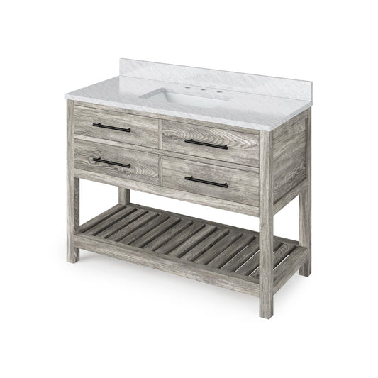 Hardware Resources Jeffrey Alexander Wavecrest 48" Weathered Grey Freestanding Vanity With White Carrara Marble Vanity Top, Backsplash and Rectangle Undermount Sink