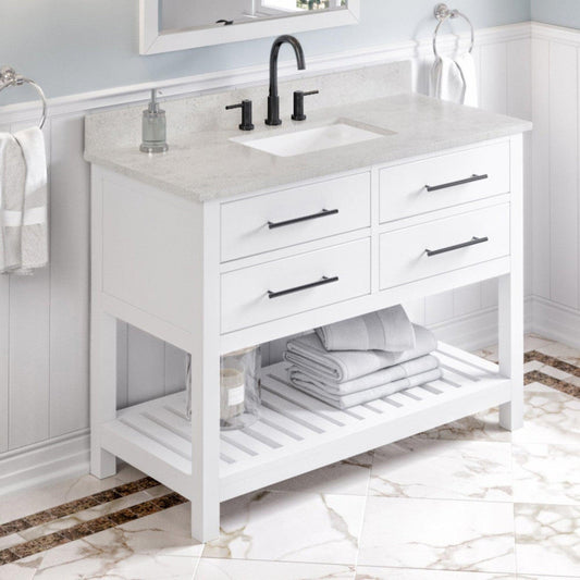 Hardware Resources Jeffrey Alexander Wavecrest 48" White Freestanding Vanity With Arctic Stone Cultured Marble Vanity Top, Backsplash and Rectangle Undermount Sink