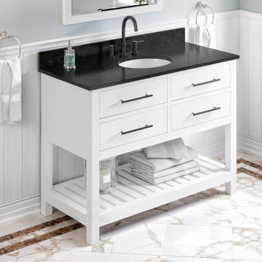 Hardware Resources Jeffrey Alexander Wavecrest 48" White Freestanding Vanity With Black Granite Vanity Top, Backsplash and Oval Undermount Sink