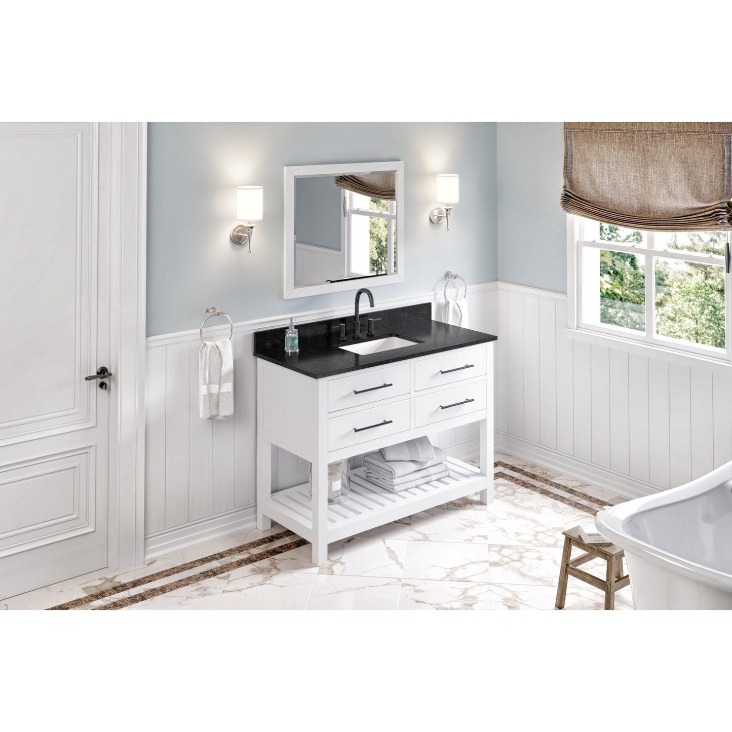 Hardware Resources Jeffrey Alexander Wavecrest 48" White Freestanding Vanity With Black Granite Vanity Top, Backsplash and Rectangle Undermount Sink