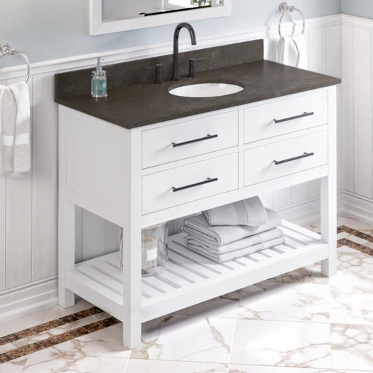 Hardware Resources Jeffrey Alexander Wavecrest 48" White Freestanding Vanity With Blue Limestone Vanity Top, Backsplash and Oval Undermount Sink