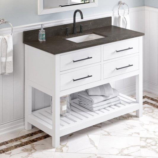Hardware Resources Jeffrey Alexander Wavecrest 48" White Freestanding Vanity With Blue Limestone Vanity Top, Backsplash and Rectangle Undermount Sink