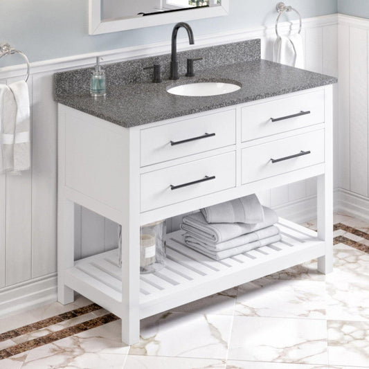 Hardware Resources Jeffrey Alexander Wavecrest 48" White Freestanding Vanity With Boulder Cultured Marble Vanity Top, Backsplash and Oval Undermount Sink