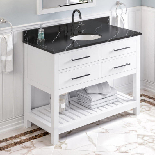 Hardware Resources Jeffrey Alexander Wavecrest 48" White Freestanding Vanity With Calacatta Black Quartz Vanity Top, Backsplash and Oval Undermount Sink
