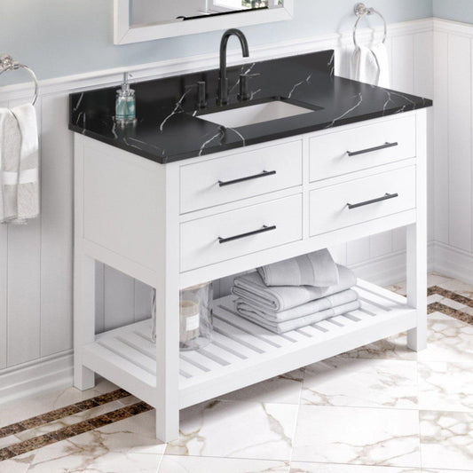 Hardware Resources Jeffrey Alexander Wavecrest 48" White Freestanding Vanity With Calacatta Black Quartz Vanity Top, Backsplash and Rectangle Undermount Sink