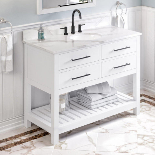 Hardware Resources Jeffrey Alexander Wavecrest 48" White Freestanding Vanity With Calacatta Vienna Quartz Vanity Top, Backsplash and Oval Undermount Sink