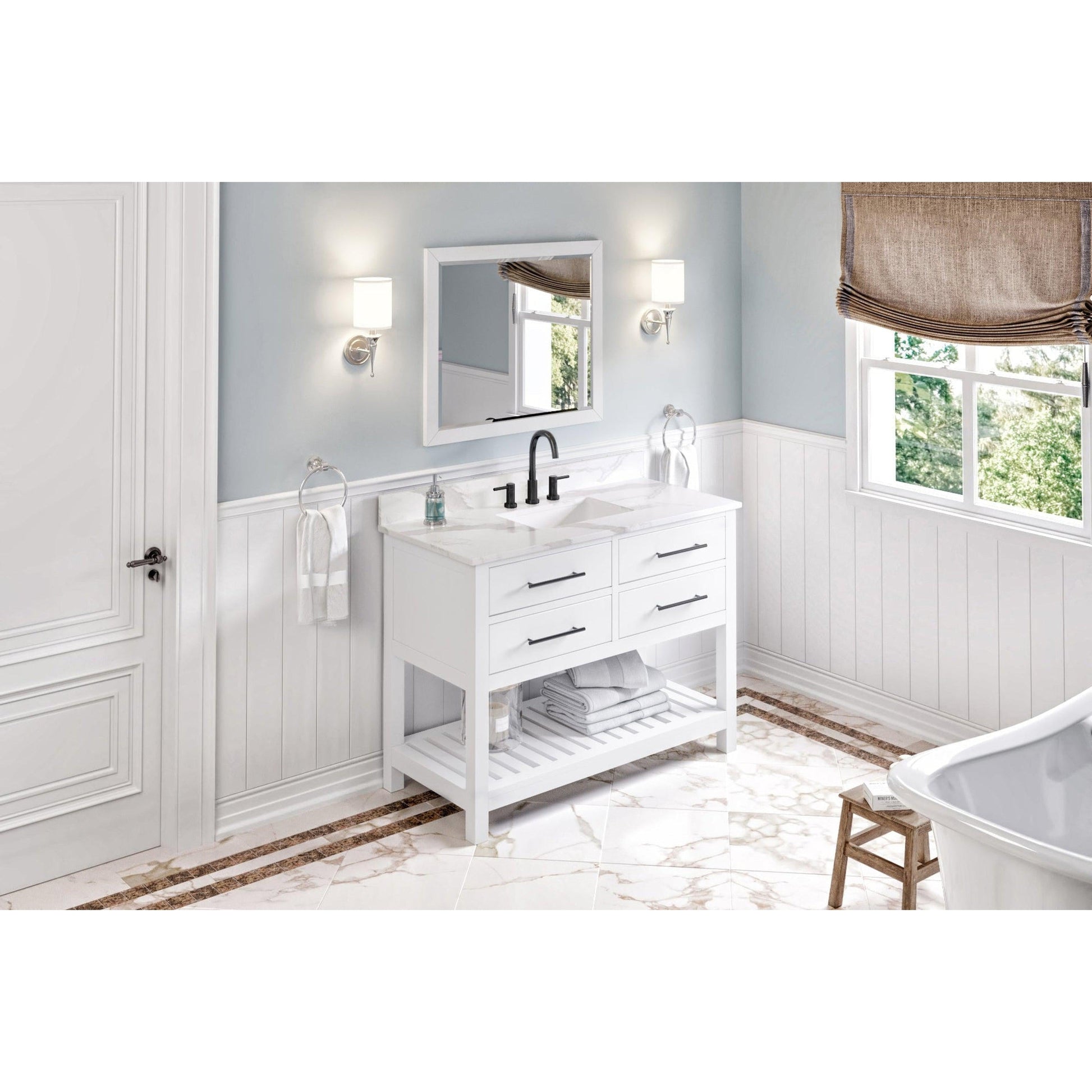 Hardware Resources Jeffrey Alexander Wavecrest 48" White Freestanding Vanity With Calacatta Vienna Quartz Vanity Top, Backsplash and Rectangle Undermount Sink