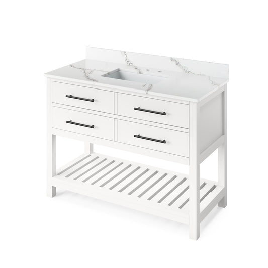 Hardware Resources Jeffrey Alexander Wavecrest 48" White Freestanding Vanity With Calacatta Vienna Quartz Vanity Top, Backsplash and Rectangle Undermount Sink