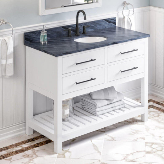 Hardware Resources Jeffrey Alexander Wavecrest 48" White Freestanding Vanity With Gray Marble Vanity Top, Backsplash and Oval Undermount Sink